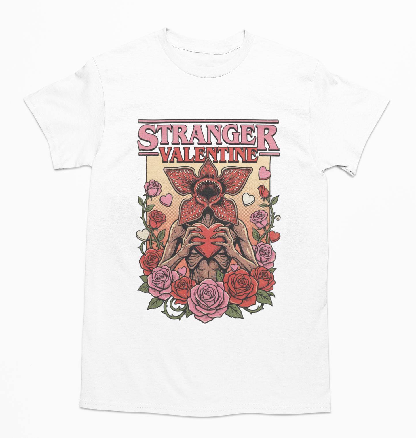 Playera unisex Stranger Valentine Demogorgon ilustrado en 4 colores distintos