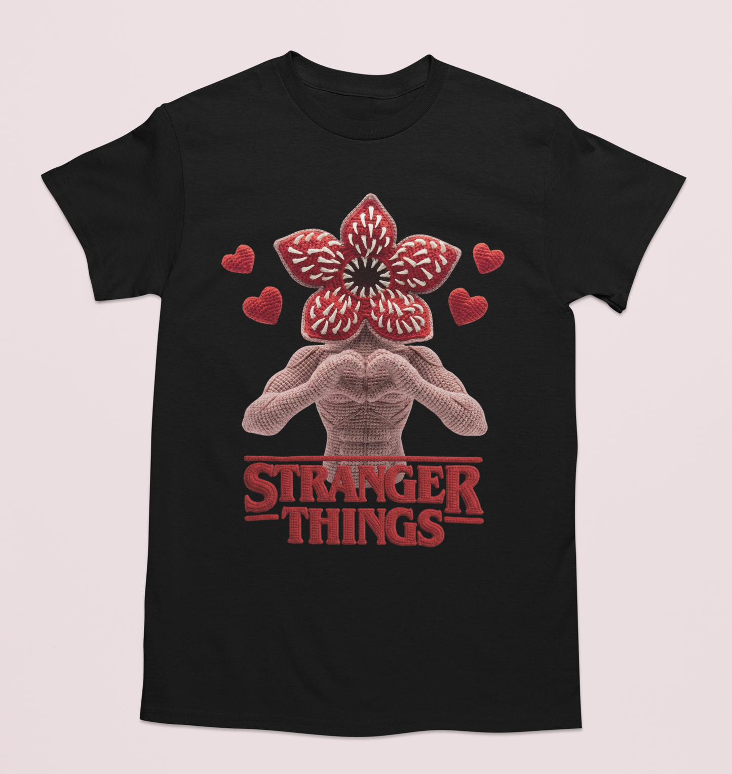 Playera Demogorgon estilo crochet unisex en tres colores de camiseta